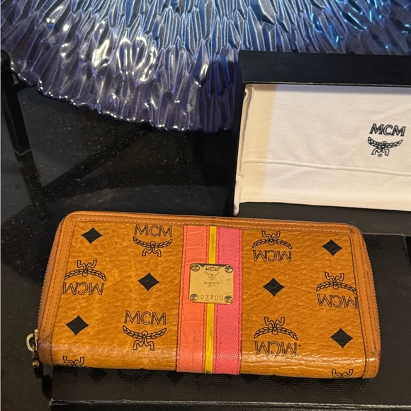 MCM Cognac Leather Wallet w/ Stripe Detail - Picture 2 of 8